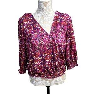 Melloday purple Faux wrap top with 3/4 sleeves, Medium